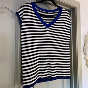 Black & White Striped Knit Sweater Vest w/ Bright Blue Trim — Women’s Small